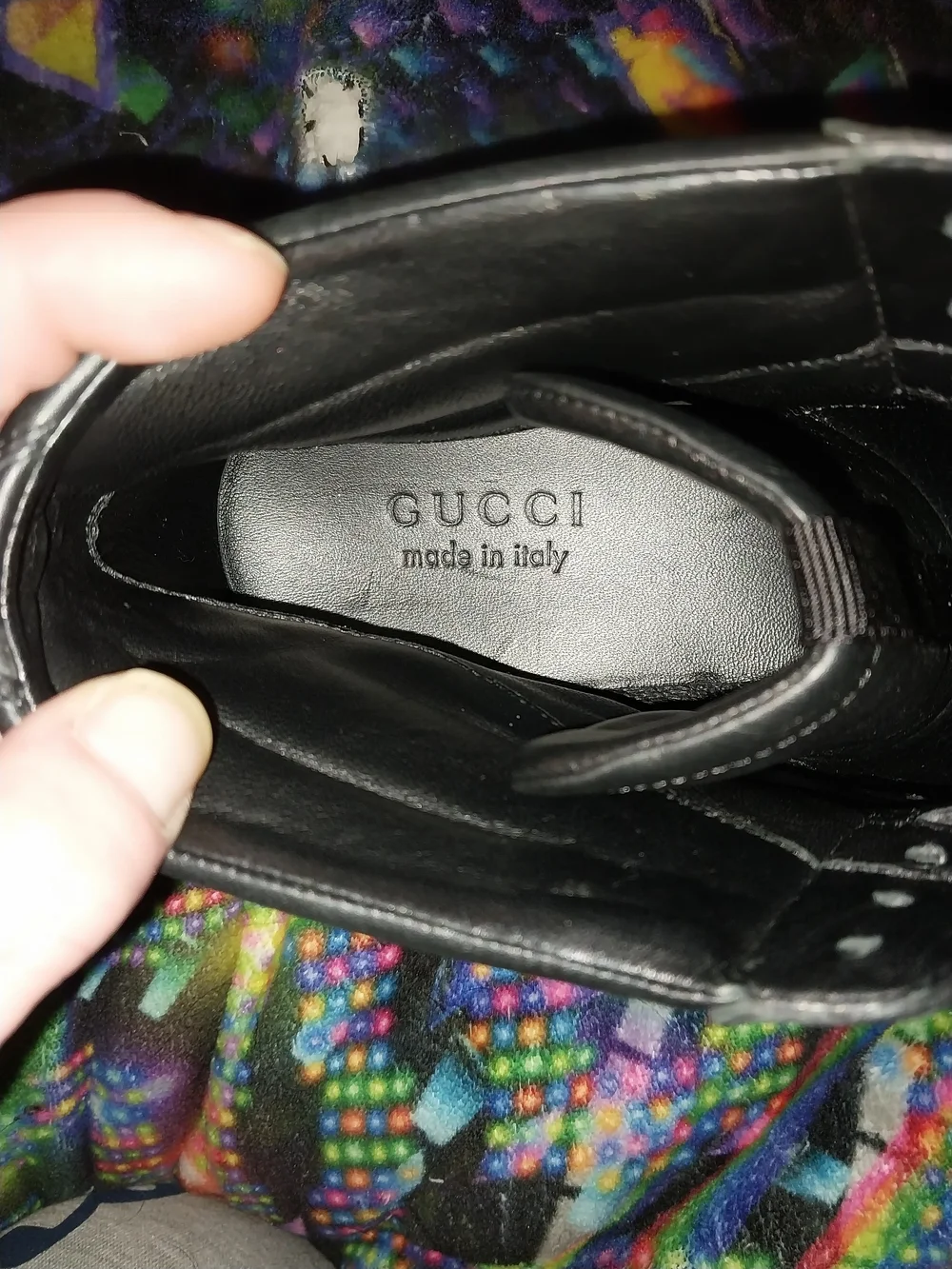 Gucci Black Leather High-Top Sneakers with Red & Green Web Stripe Size 12
